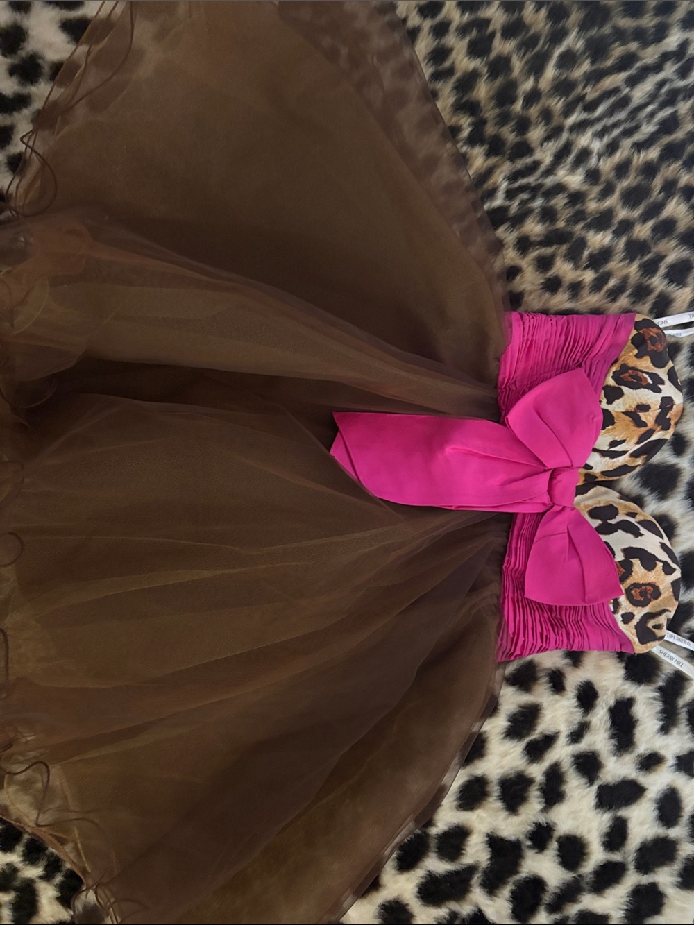 Sherri Hill Brown Tulle Prom Dress with Hot Pink Bow and Leopard Accents